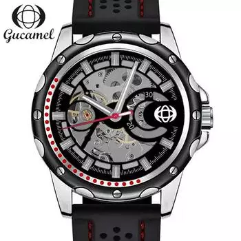 Мужские часы GUCAMEL, мужские полые механические часы, силиконовый ремешок, спортивные модные мужские часы