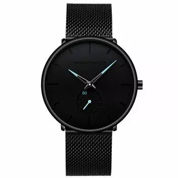 Мужские часы Hannah Martin, черные, ультратонкие, модные, водонепроницаемые, с браслетом из нержавеющей стали (синий)