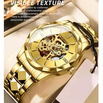 Мужские часы Hollow Skeleton из нержавеющей стали Luxury Golden Automatic Mechanical Wrist Watches Waterproof Luminous золотой