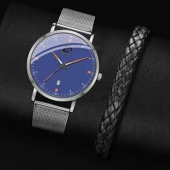 Мужские часы из нержавеющей стали и кожаный браслет из 2 предметов, повседневный вязаный браслет синий/серебряный