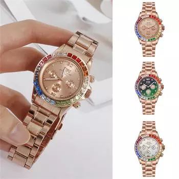 Мужские часы из нержавеющей стали с цветными стразами и бриллиантами, с тремя глазами и квадратными бриллиантами One Size зелёный