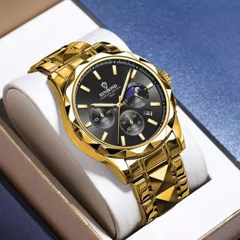 Мужские часы из нержавеющей стали с тремя глазами, шестью стрелками, многофункциональные, двойной календарь, водонепроницаемые кварцевые часы чёрный