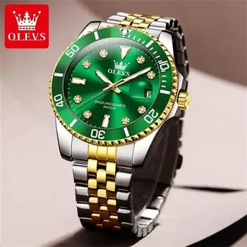 Мужские часы класса люкс из нержавеющей стали модные зеленые кварцевые часы для мужчин водонепроницаемые часы с календарем Reloj Hombre серебряный/зелёный