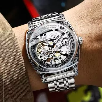 Мужские часы класса люкс с ремешком из нержавеющей стали, автоматические механические часы для мужчин и женщин, дизайнерские часы с ажурным циферблатом