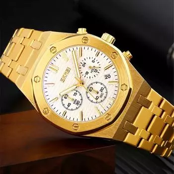 Мужские часы класса люкс, золотые кварцевые наручные часы, водонепроницаемые часы-хронограф для мужчин, часы с автоматической датой серебряный/белый