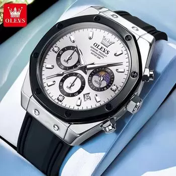 Мужские часы кварцевые часы для мужчин многофункциональные наручные часы с хронографом резиновый ремешок луна дата водонепроницаемые чёрный