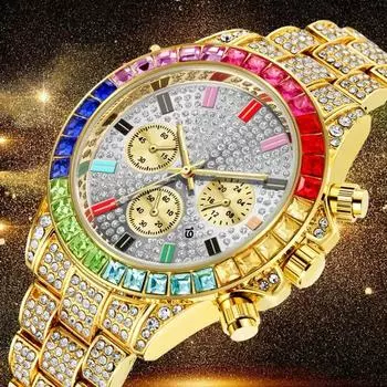 Мужские часы Кварцевые часы с хронографом Красочные стальные часы со льдом золотой