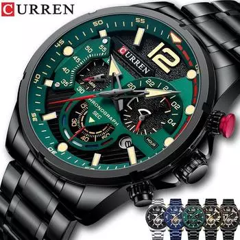 Мужские часы кварцевые наручные часы с хронографом роскошные часы из нержавеющей стали с люминесцентными часами Relogio Masculino Uhren Montre чёрный/зелёный