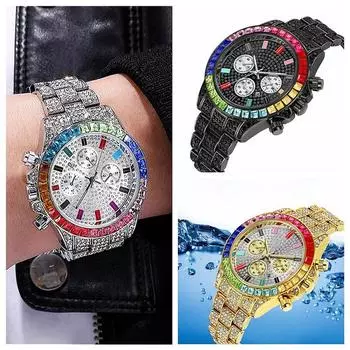 Мужские часы, лучшие роскошные полностью стальные бриллианты с календарем, унисекс, кварцевые наручные часы для мужчин, наручные часы, мужские часы разноцветный