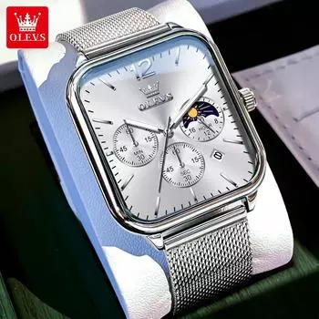 Мужские часы модные кварцевые наручные часы сетчатые стальные водонепроницаемые светящиеся часы с фазами Луны и хронографом квадратные часы steel band чёрный