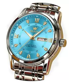 Мужские часы OLEVS, брендовые, синие, популярные, кварцевые, с календарем, водонепроницаемые, для мужчин, из нержавеющей стали, стильные, серебристые