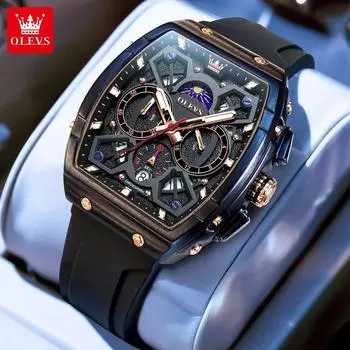Мужские часы OLEVS с силиконовым ремешком, циферблатом в форме бочки, многофункциональные кварцевые часы для мужчин, часы-хронограф с календарем и фазами Луны красный