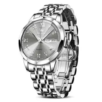 Мужские часы OLEVS, водонепроницаемые, светящиеся деловые часы, аналоговые кварцевые, стильные, серебристые часы, металл, серый циферблат, дата, популярные модные, наручные часы для