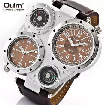 Мужские часы Oulm с двойным часовым поясом, кварцевые часы с большим циферблатом и компасом, индивидуальные крутые модные часы