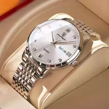 Мужские часы Poedagar, роскошные водонепроницаемые светящиеся кварцевые часы с датой и неделей для мужчин, деловые часы Relogio Masculino серебряный