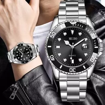 Мужские часы Роскошные деловые кварцевые часы с ремешком из нержавеющей стали с зеленым циферблатом и календарем Наручные часы