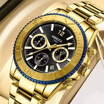 Мужские часы, роскошные кварцевые часы с хронографом для мужчин, водонепроницаемые, из нержавеющей стали, светящиеся, 24-часовые, аналоговые наручные часы золотой/чёрный