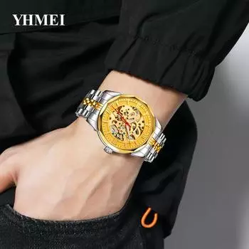 Мужские часы с автоподзаводом, скелетон, выдолбленные механические автоматические роскошные часы, браслет из нержавеющей стали, водонепроницаемые серебряный/чёрный