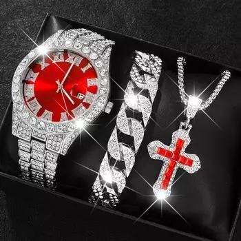 Мужские часы с бриллиантами и стразами, римские цифры, календарь, мужской золотой часовой набор