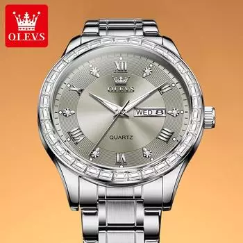 Мужские часы с бриллиантами из нержавеющей стали с датой, календарем и римским циферблатом, водонепроницаемые наручные часы для мужчин серый