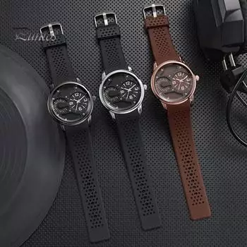 Мужские часы с двойным круглым циферблатом, силиконовый ремешок, пряжка, регулируемая 3-стрелочная элегантная спортивная кварцевая наручная работа, модные украшения, подарок на день рождения коричневый