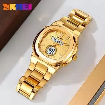 Мужские часы с двойным механизмом, 3-часовым дисплеем, водонепроницаемые многофункциональные электронные часы, кварцевые наручные часы с 12/24-часовым механизмом серебряный