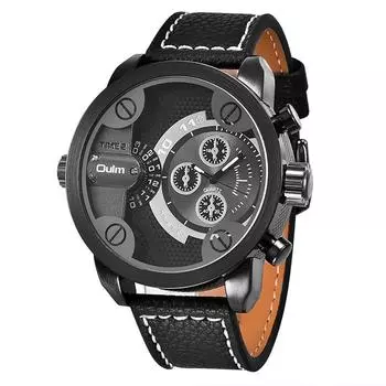 Мужские часы с кожаным ремешком, кварцевым механизмом и двумя часовыми поясами