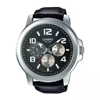 Мужские часы с ремешком из черной кожи, Black Leather Men s Watch, Casio