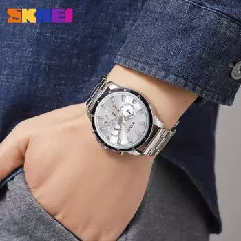 Мужские часы с тремя ушками, шестью штифтами, многофункциональные мужские часы, классические круглые, с большим циферблатом, кварцевые часы серебряный