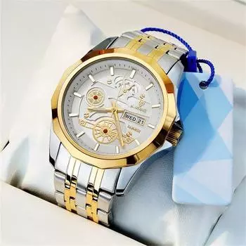 Мужские часы-скелетоны с гравировкой на циферблате, календарем, недельными часами, водонепроницаемые кварцевые часы