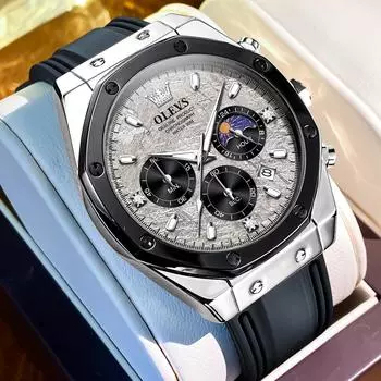 Мужские часы Водонепроницаемые Светящиеся кварцевые мужские часы Три маленьких циферблата Спортивные часы Хронограф Дата Часы с фазами Луны белый