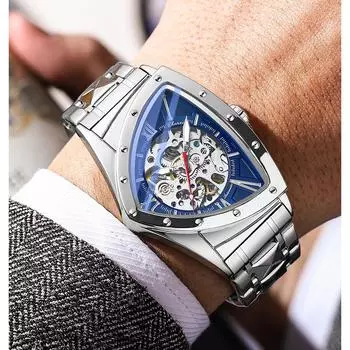 Мужские часы в стиле панк, прозрачные механические часы, треугольные автоматические военные наручные часы со светящимися указателями зелёный