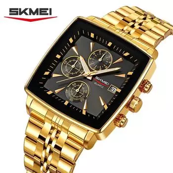 Мужские часы Золотые прямоугольные кварцевые наручные часы Роскошные деловые часы Часы со светящимися стрелками Водонепроницаемые мужские часы серебряный