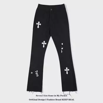 Мужские черно-белые расклешенные джинсы с необработанными краями — европейский и американский стиль High Street M белый