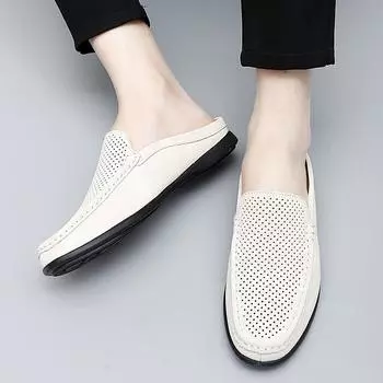 Мужские черные/бежевые кожаные дышащие полутапочки Bean Shoes Мужские тапочки без каблуков Lazy Peas Shoes Удобные мокасины без застежек 38 бежевый