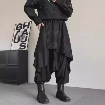 Мужские черные брюки-шаровары Warrior: Большой размер, стиль Ямамото, нестандартный дизайн юбки, оригинальный нишевый двухкомпонентный с заниженным шаговым швом L чёрный