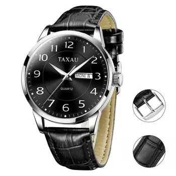 Мужские черные кожаные популярные водонепроницаемые часы стильные деловые мужские часы аналоговые кварцевые календарные классные часы с черным циферблатом легкие арабские буквы