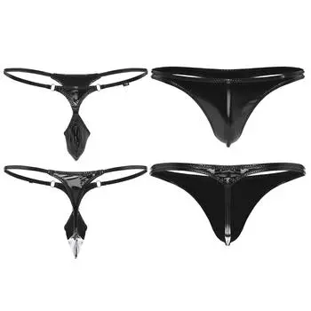 Мужские черные лакированные стринги из кожи с эффектом мокрой кожи с Т-образной спиной, с открытой попоной, с низкой посадкой, чувственная клубная одежда S