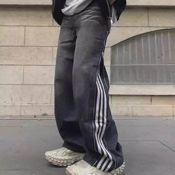 Мужские черные полосатые ретро-джинсы с тремя полосками, свободные, прямые – весна/осень, уличный стиль S чёрный