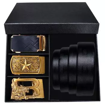 Мужские черные ремни из натуральной кожи с 4 металлическими автоматическими пряжками, ремни в штучной упаковке, мужские подарки 110cm/43in чёрный