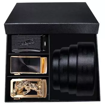 Мужские черные ремни из натуральной кожи с 4 металлическими автоматическими пряжками, ремни в штучной упаковке, мужские подарки 110cm/43in чёрный