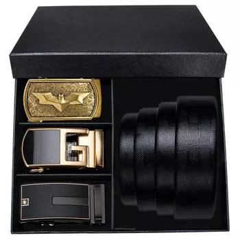 Мужские черные ремни из натуральной кожи с 3 металлическими автоматическими пряжками, ремни в штучной упаковке, мужские подарки 110cm/43in чёрный