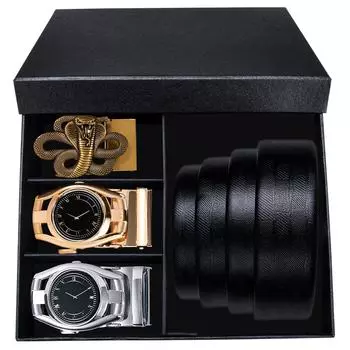 Мужские черные ремни из натуральной кожи с 3 металлическими автоматическими пряжками, ремни в штучной упаковке, мужские подарки 110cm/43in чёрный