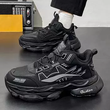 Мужские черные спортивные кроссовки для бега, летние студенческие кроссовки большого размера, толстая подошва EU: 39 чёрный