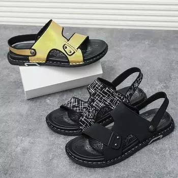 Мужские черные тапочки золотые сандалии уличные летние римские сандалии с открытым носком пляжная обувь больших размеров EU:45 чёрный