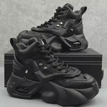 Мужские черные высокие ботинки Warrior: Дышащая, повседневная, толстая подошва, увеличивающая рост, амортизирующая, осенняя спортивная обувь для пап 44