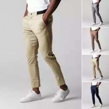 Мужские деловые брюки с карманами, облегающий крой, эластичная талия, застежка-молния, однотонные прямые брюки для повседневной носки S коричневый