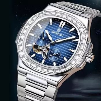 Мужские деловые часы, аутентичные многофункциональные полые механические часы, автоматические водонепроницаемые мужские модные часы, подарки синий