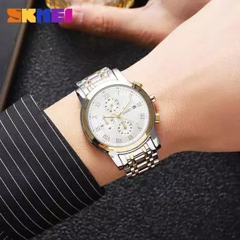 Мужские деловые часы Многофункциональные кварцевые часы Светящийся календарь Водонепроницаемые стальной ремешок Кварцевые часы Мужские часы серебряный