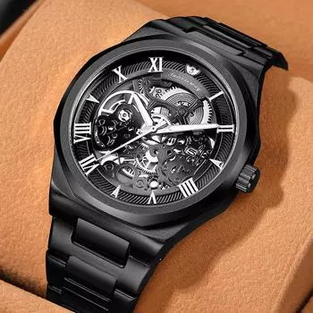 Мужские деловые часы-скелетоны, немеханические, стальной браслет, большой циферблат, модные часы с римскими цифрами